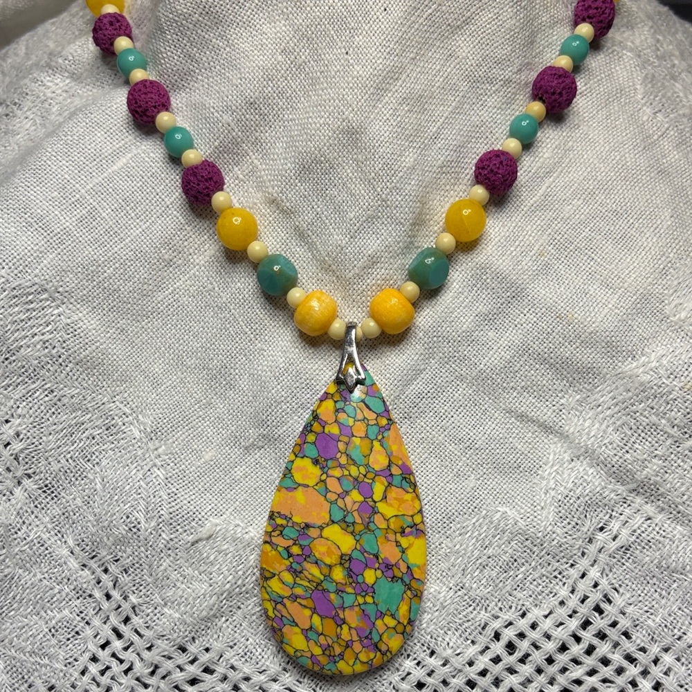 Multicolor Teardrop Pendant Necklace - Vibrant Yellow, Teal & Purple w Earrings